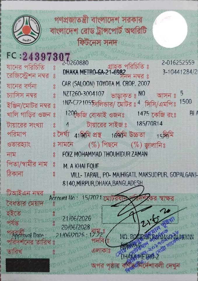 Toyota Allion Fitness Paper