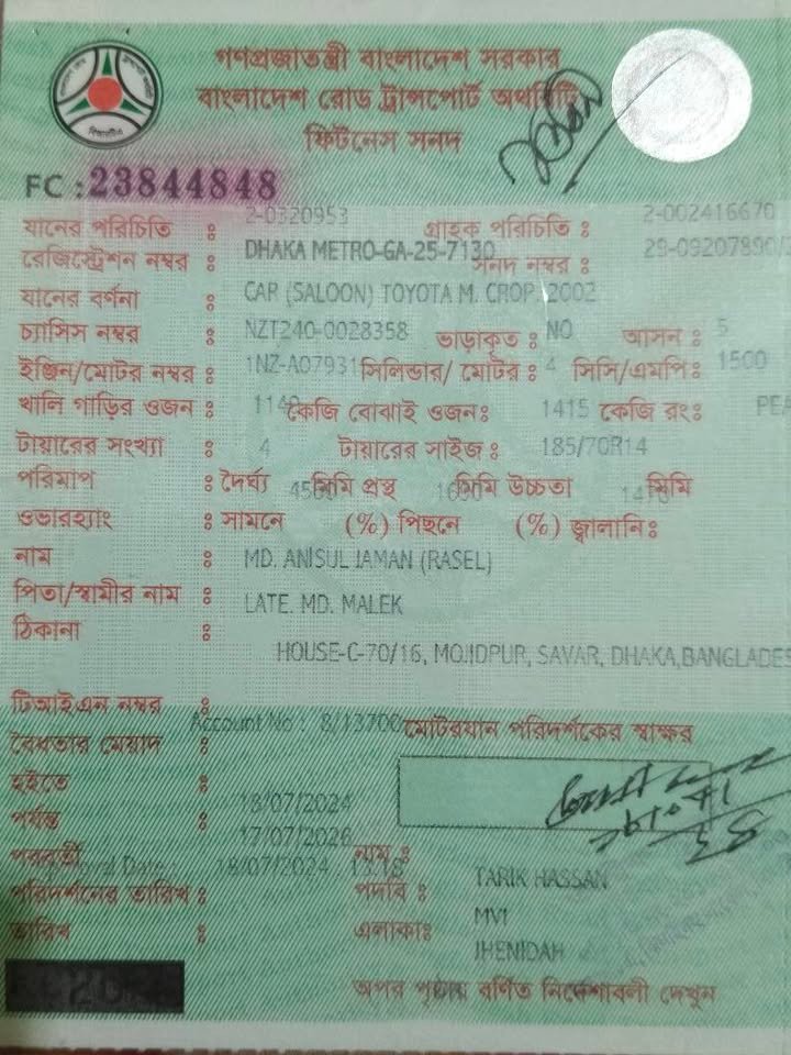 Toyota Allion 2002 Fitness Paper