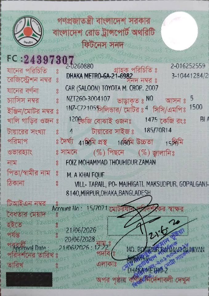 Toyota Allion Fitness Paper